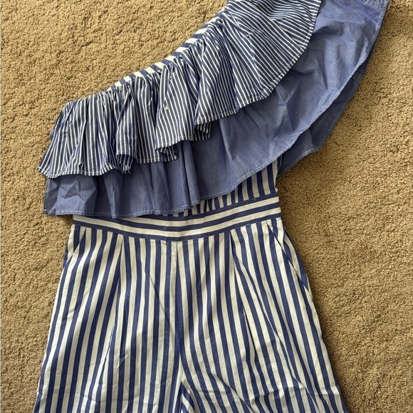 J.Crew- Blue and White Stripe One Shoulder Multi Ruffle Jumpsuit - Picture 8 of 8
